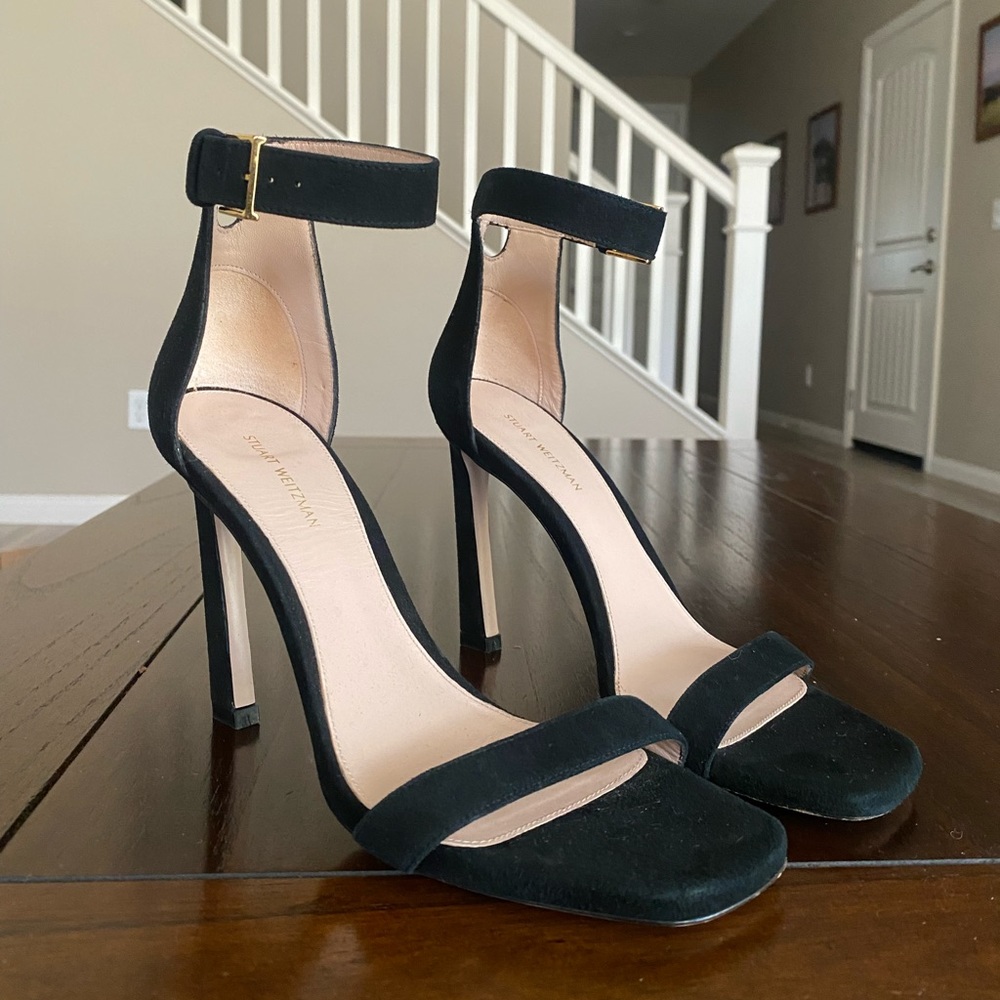 Stuart Weitzman Square Nudist 110M Suede Heel Sandals